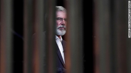 Sinn Fein president Gerry Adams waits to be interviewed by a television crew on June 9, 2017 in Belfast.