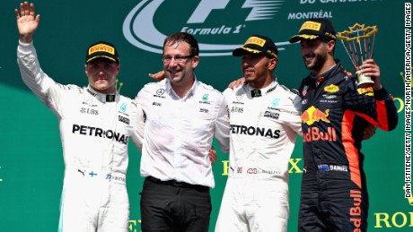 The top three drivers celebrate on the podium at Sunday&#39;s Canadian Grand Prix. 