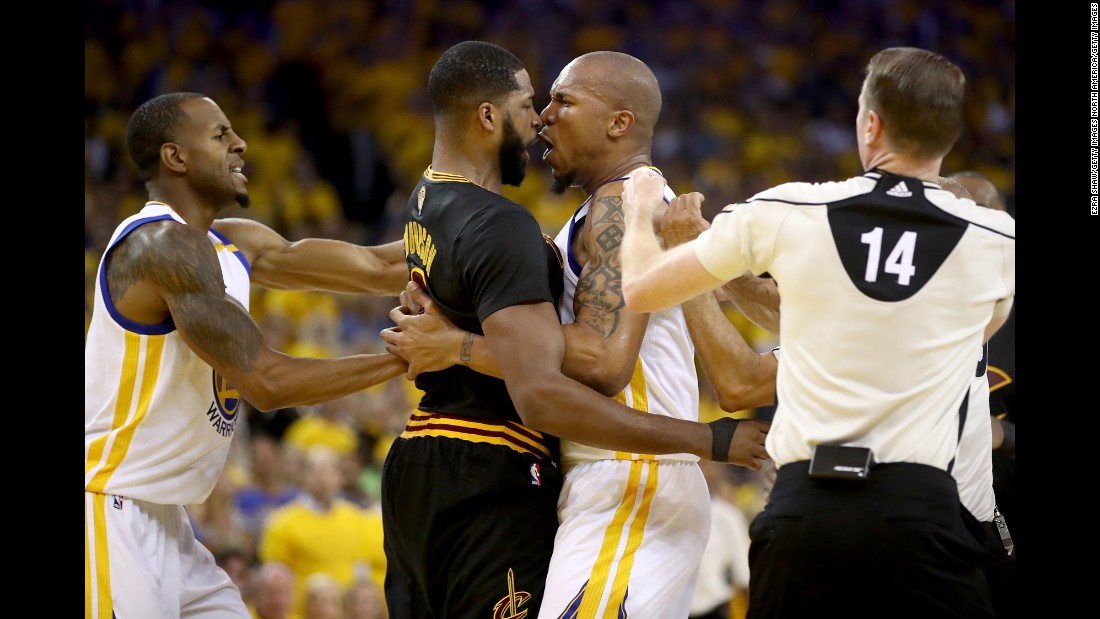 Cleveland&#39;s Tristan Thompson goes face to face with Golden State&#39;s David West during a first-half scrum in Game 5. Both players received technical fouls.