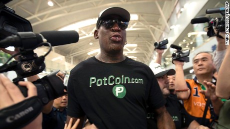 Former NBA basketball player Dennis Rodman arrives at Beijing Capital International Airport in Beijing, Tuesday, June 13, 2017. North Korea is expecting another visit by former NBA bad boy Rodman on Tuesday in what would be his first to the country since President Donald Trump took office.  (AP Photo/Mark Schiefelbein)