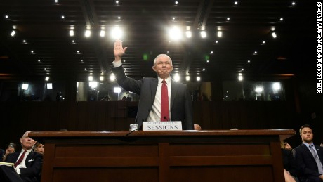 Attorney General Jeff Sessions is sworn-in before testifying during a US Senate Select Committee on Intelligence hearing on Capitol Hill in Washington, DC, June 13, 2017. / AFP PHOTO / SAUL LOEB        (Photo credit should read SAUL LOEB/AFP/Getty Images)