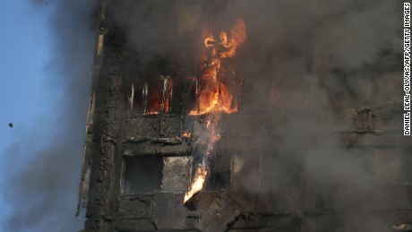 Fire rips through Grenfell Tower as firefighters attempt to control a huge blaze on June 14, 2017 in west London. 
The massive fire ripped through the 27-storey apartment block in west London in the early hours of Wednesday, trapping residents inside as 200 firefighters battled the blaze. Police and fire services attempted to evacuate the concrete block and said &quot;a number of people are being treated for a range of injuries&quot;, including at least two for smoke inhalation.   / AFP PHOTO / Daniel LEAL-OLIVAS        (Photo credit should read DANIEL LEAL-OLIVAS/AFP/Getty Images)
