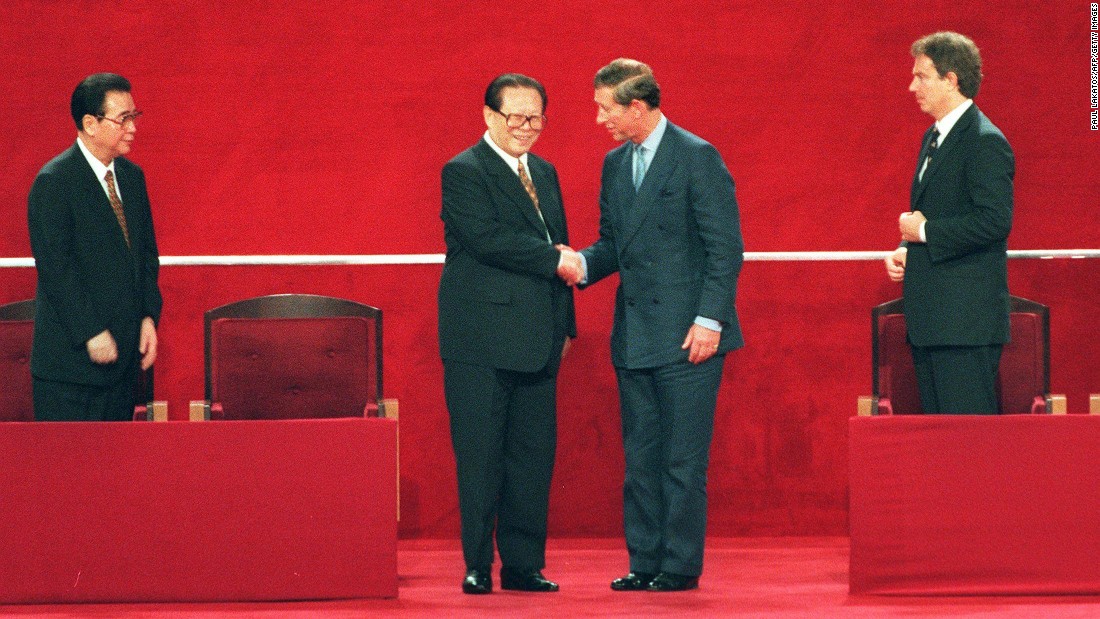 Chinese President Jiang Zemin shakes hands with Britain&#39;s Prince Charles following Hong Kong&#39;s transfer of sovereignty from British to Chinese rule on July 1, 1997.