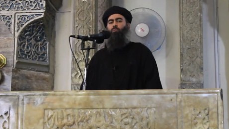 (FILES) This image grab taken from a propaganda video released on July 5, 2014 by al-Furqan Media allegedly shows the leader of the Islamic State (IS) jihadist group, Abu Bakr al-Baghdadi, aka Caliph Ibrahim, adressing Muslim worshippers at a mosque in the militant-held northern Iraqi city of Mosul. 
The Russian army on June 16, 2017 said it hit Islamic State leaders in an airstrike in Syria last month and was seeking to verify whether IS chief Abu Bakr al-Baghdadi had been killed. In a statement, the army said Sukhoi warplanes carried out a 10-minute night-time strike on May 28 at a location near Raqa, where IS leaders had gathered to plan a pullout by militants from the group&#39;s stronghold.
 / AFP PHOTO / AL-FURQAN MEDIA / --/AFP/Getty Images