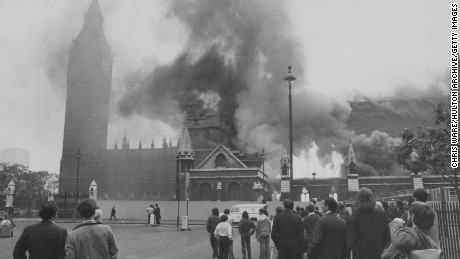 Flames leap from Westminster Hall at the House of Commons in London after an IRA bombing in 1974.