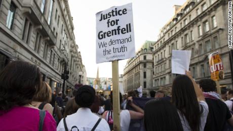 Protesters march up Regent Street in London chanting &quot;Justice for Grenfell&quot; on June 16, 2017, two days after the fire. 