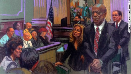 In an artist&#39;s sketch, Bill Cosby stands before the court. 