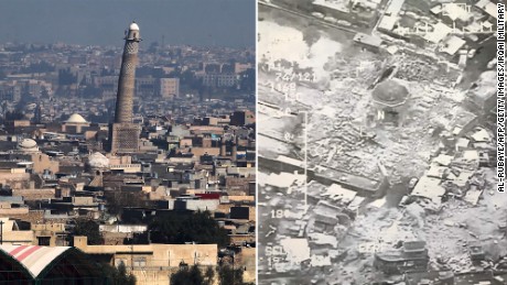 Before-and-after photographs of the destruction.