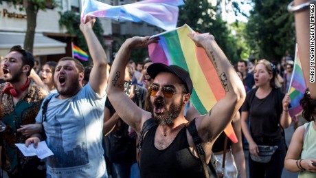 Pride marchers on June 25, 2017, in Istanbul, Turkey.  The 2017 LGBT Pride March there was banned by authorities, but organizers defied the order before being dispersed by police and tear gas. 