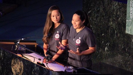 Melati and Isabel Wijsen at the United Nations in New York for World Oceans Day 2017.