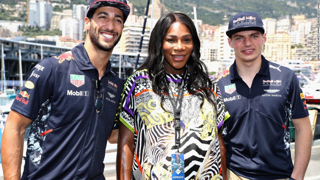 The tennis star has also been traveling the world. The mum-to-be was in Monaco last month for the F1 Grand Prix and was pictured with Red Bull duo Daniel Ricciardo (left) and Max Verstappen