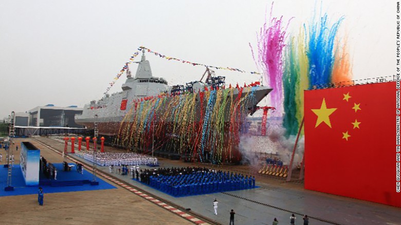 China's new 10,000-tonne guided-missile destroyer enters the water at Shanghai's Jiangnan Shipyard during a launching ceremony on the morning of June 28, 2017. As China's new domestically-produced destroyer, it is equipped with latest air defense, anti-missile, anti-ship and anti-submarine weapon systems. (eng.chinamil.com.cn / Photo by Chen Guoquan and Yin Hang)