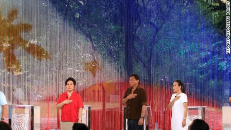 Philippines President Rodrigo Duterte (center) before the start of the presidential debate before his election in April 2016.