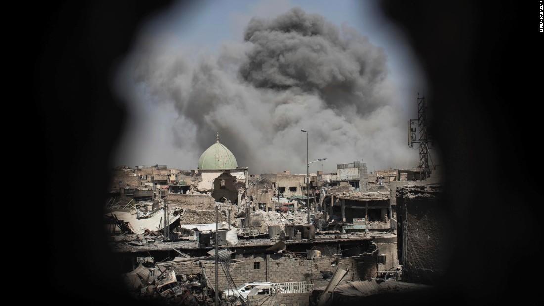 A bomb explodes near the al-Nuri mosque complex on Thursday, June 29. Iraq&#39;s military has seized the remains of the Great Mosque of al-Nuri. Iraq and the United States have accused ISIS of blowing up the historic mosque. 