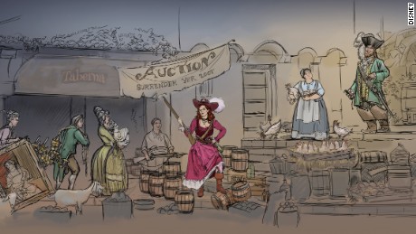 This artist&#39;s drawing, released by Disney, shows what the new auction scene might look like at its Pirates of the Caribbean ride.