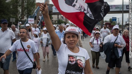 IZMIT, TURKEY - JULY 04:  Supporters are seen marching on a highway on the 20th day of the &quot;Justice March&quot; lead by Turkey&#39;s main opposition Republican People&#39;s Party (CHP) leader Kemal Kilicdaroglu on July 4, 2017 in Izmit, Turkey. Kilicdaroglu began the 425-kilometer, Ankara to Istanbul protest march on June 15 to protest the conviction of CHP lawmaker Elis Berberoglu. The protest will end outside the prison where Berberoglu is being held.  (Photo by Chris McGrath/Getty Images)