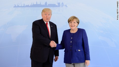 German Chancellor Angela Merkel receives U.S. President Donald Trump in the Hotel Atlantic, on the eve of the G20 summit, for bilateral talks on July 6, 2017 in Hamburg, Germany. 