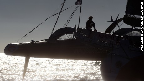 TOPSHOT - Class Ultim trimaran &quot;Team Actual&quot; of French skipper Yves Le Blevec takes the start of &quot;The Bridge 2017&quot; transatlantic race on June 25, 2017 from the French western port city of Saint-Nazaire.
&quot;The Bridge 2017&quot; is a 3,152-mile (5,837 km) race between the British cruise liner RMS Queen Mary 2 and four trimarans, from Saint-Nazaire to New-York City. / AFP PHOTO / JEAN-SEBASTIEN EVRARD        (Photo credit should read JEAN-SEBASTIEN EVRARD/AFP/Getty Images)