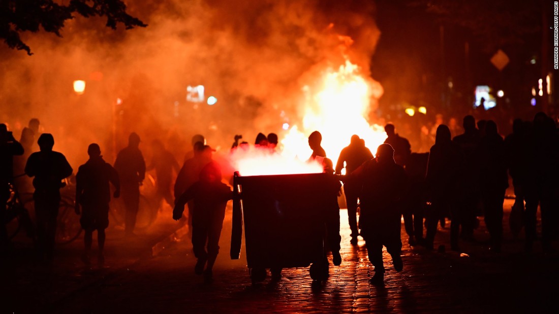 Protesters erect burning barricades in front of the Rote Flora, a left-wing cultural center, on July 6 in Hamburg.