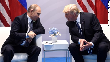 US President Donald Trump and Russia&#39;s President Vladimir Putin hold a meeting on the sidelines of the G20 Summit in Hamburg, Germany, on July 7, 2017. (SAUL LOEB/AFP/Getty Images)