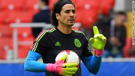 Mexico's goalkeeper Guillermo Ochoa gestures ahead of the 2017 FIFA Confederations Cup third place football match between Portugal and Mexico at the Spartak Stadium in Moscow on July 2, 2017. / AFP PHOTO / Yuri KADOBNOV        (Photo credit should read YURI KADOBNOV/AFP/Getty Images)