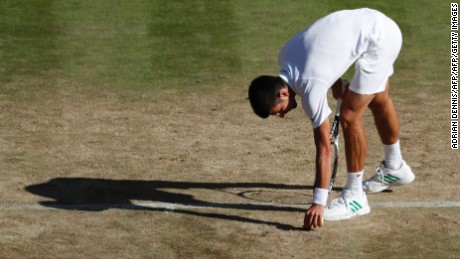Novak Djokovic picks up a piece of loose turf from Centre Court during his third round match with Ernests Gulbis on Saturday. 
