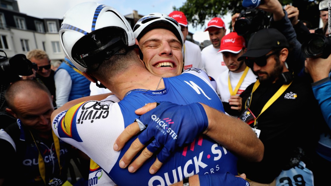 Marcel Kittel of Germany and the Quick-Step Floors team celebrates his victory in stage two of the 2017 Tour de France, a 203.5 kilometer ride from Dusseldorf to Liege. With five stage wins already this year, the 29-year-old is just two away from breaking into the top 10 riders with most stage wins in history.