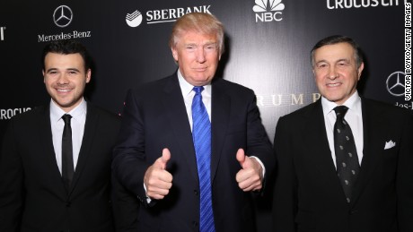 MOSCOW, RUSSIA - NOVEMBER 09: Emin Agalarov, Donald Trump and Aras Agalarov attend the red carpet at Miss Universe Pageant Competition 2013 on November 9, 2013 in Moscow, Russia. (Photo by Victor Boyko/Getty Images)