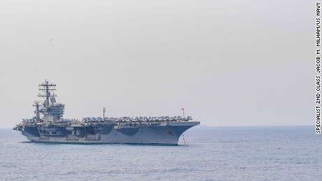 The aircraft carrier USS Nimitz (CVN 68) anchors off the coast of India in preparation for Malabar 2017.