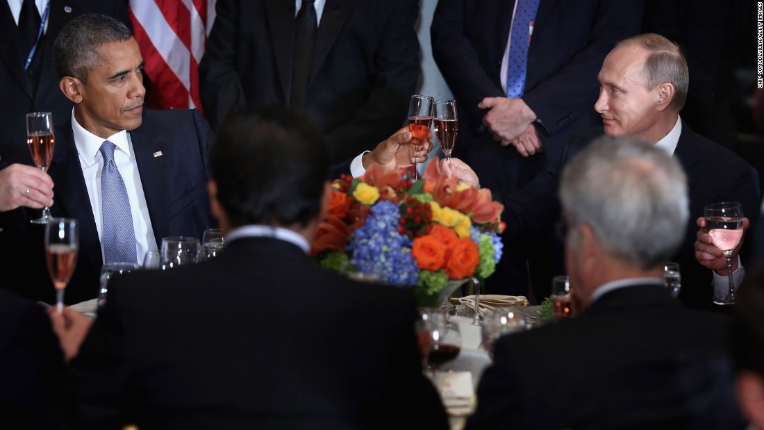 US President Barack Obama shares a toast with Putin at a luncheon in New York hosted by UN Secretary-General Ban Ki-moon in September 2015. &quot;Amid the inevitable trials and setbacks, may we never relax in our pursuit of progress and may we never abandon the pursuit of peace,&quot; Obama said before clinking glasses. &quot;Cheers.&quot; The two, bitterly at odds over issues in Ukraine and Syria, &lt;a href=&quot;http://www.cnn.com/2015/09/28/politics/obama-putin-meeting-syria-ukraine/&quot; target=&quot;_blank&quot;&gt;had a closed-door meeting&lt;/a&gt; later in the day.