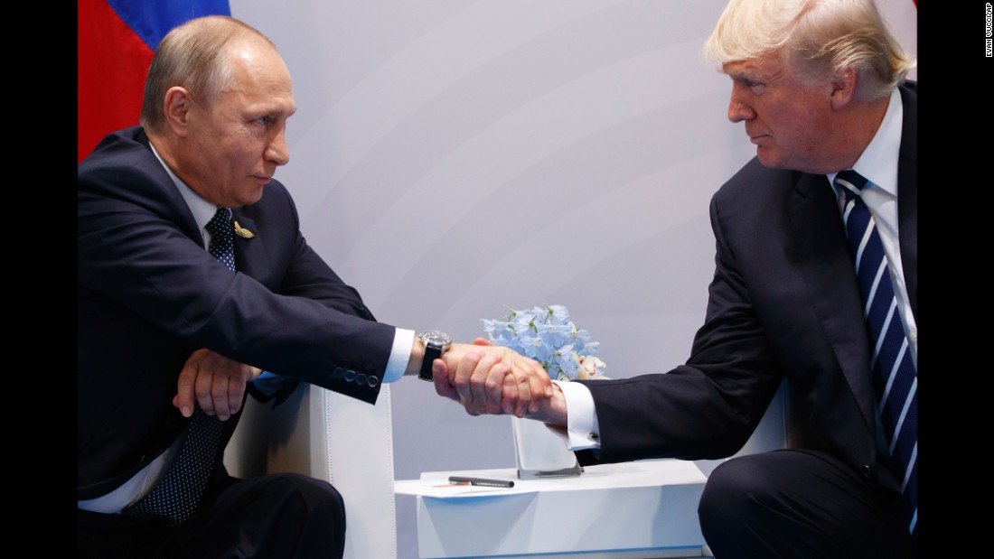 Putin shakes hands with US President Donald Trump &lt;a href=&quot;http://www.cnn.com/2017/07/07/politics/trump-putin-meeting/index.html&quot; target=&quot;_blank&quot;&gt;as they meet on the sidelines&lt;/a&gt; of the G20 summit in Germany in July 2017. They talked for more than two hours, discussing interference in US elections and ending with an agreement on curbing violence in Syria.