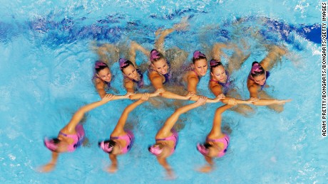 Hungary perform during the Women&#39;s Free Combination Synchronised Swimming final at Berlin&#39;s Europa-Sportpark in August 2014.