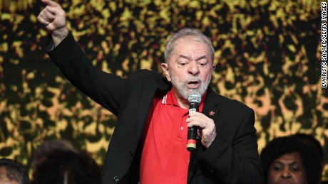 Former President Luiz Inacio Lula da Silva delivers a speech during a Workers Party National Congress on June 1, 2017. 