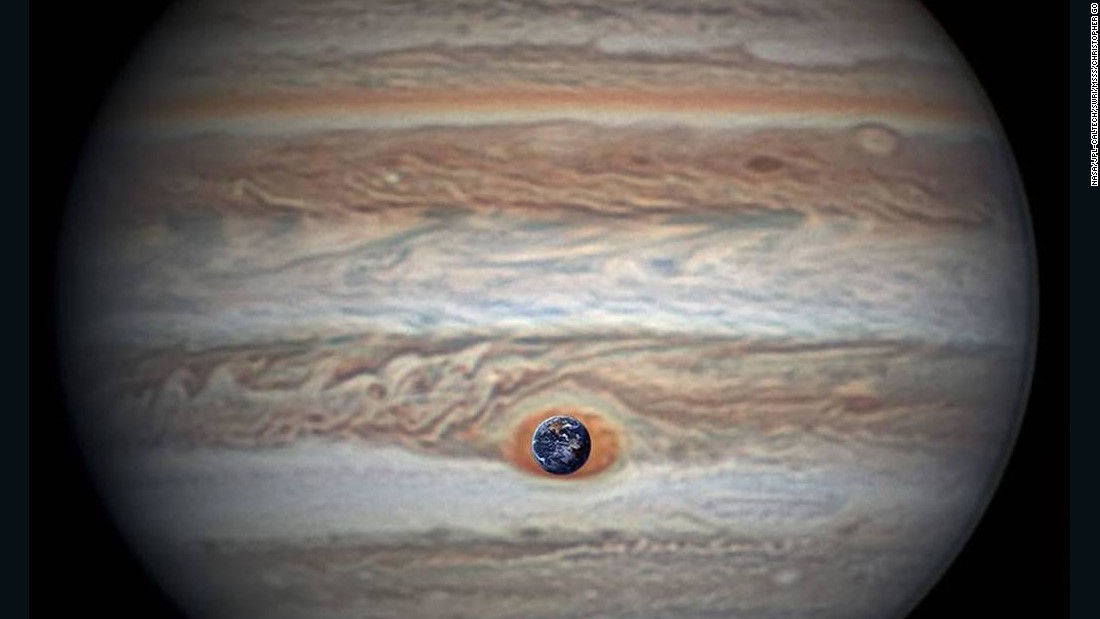 NASA configured this comparison of its own image of Earth with an image of Jupiter taken by astronomer Christopher Go. 