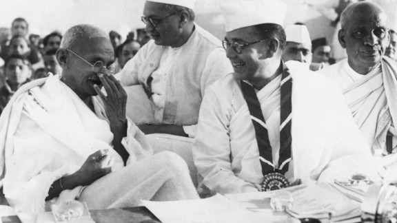 Leading members of the Indian National Congress: Gandhi (left), prominent nationalist leader Netaji Subhas Chandra Bose (center right) and independent India