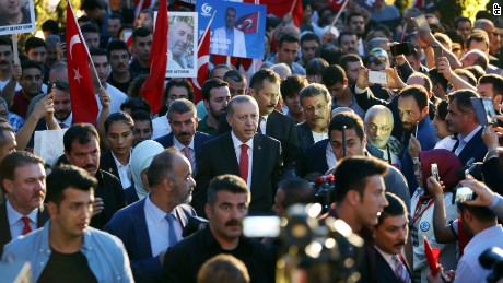 Turkey&#39;s President Recep Tayyip Erdogan, center, in Istanbul to commemorate the anniversary of the coup.