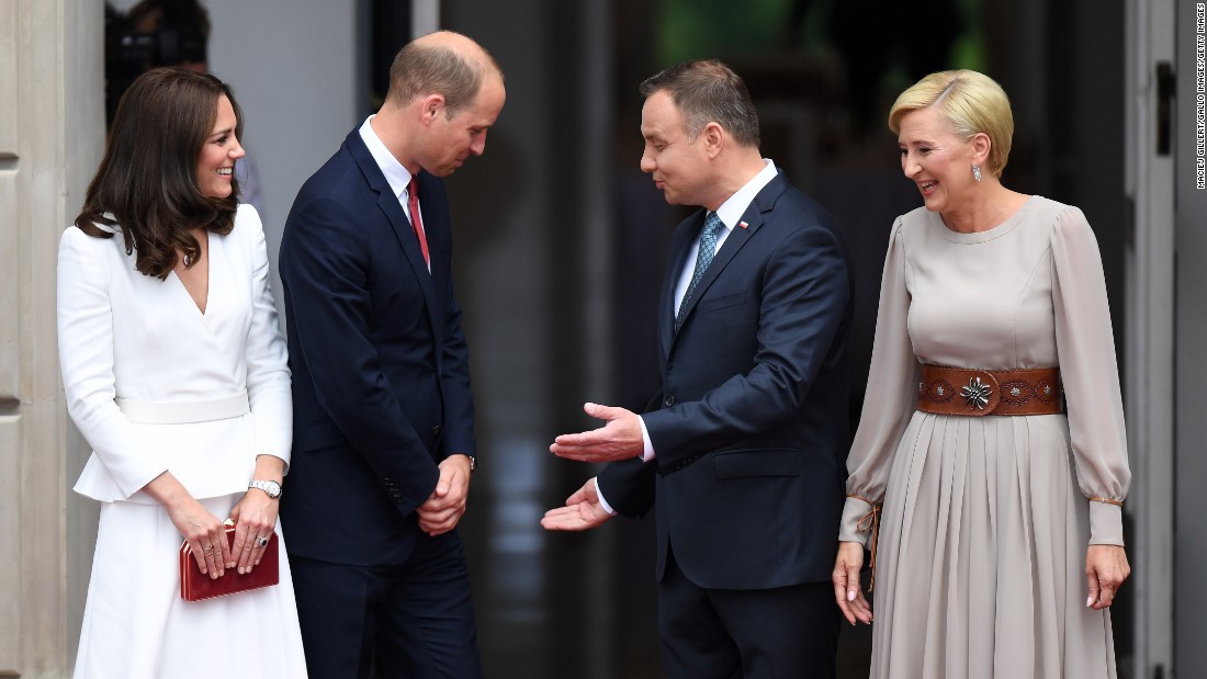 Duda and his wife greet the Duke and Duchess of Cambridge at the Presidential Palace in Warsaw on the first day of the royal visit to Poland.