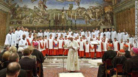 Pope Benedict XVI attends a concert by the Regensburger Domspatzen boys choir at the Sistine Chapel, on October 22, 2005.