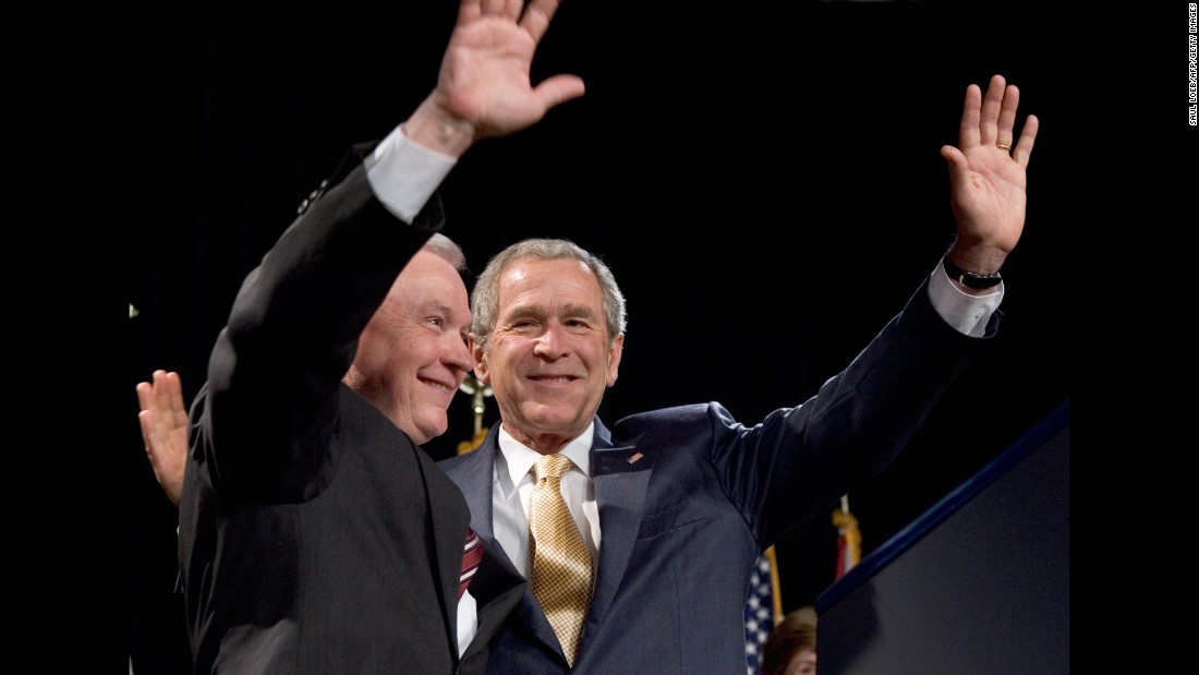 President George W. Bush joins Sessions at a 2007 Republican fundraiser for Session in Mobile, Alabama. Sessions was re-elected to the Senate in 2008.