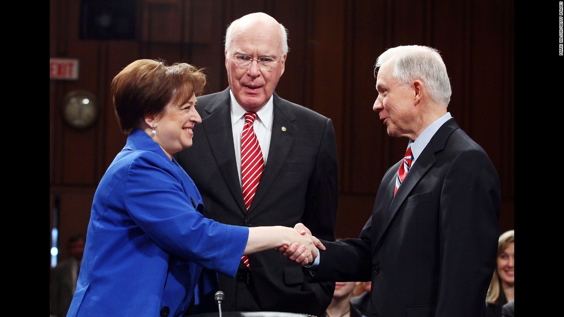 Obama Supreme Court nominee Elena Kagan greets Sessions in 2010 while Senate Judiciary Committee Chairman Sen. Patrick Leahy, D-Vermont, looks on. Sessions voted against Kagan&#39;s nomination.