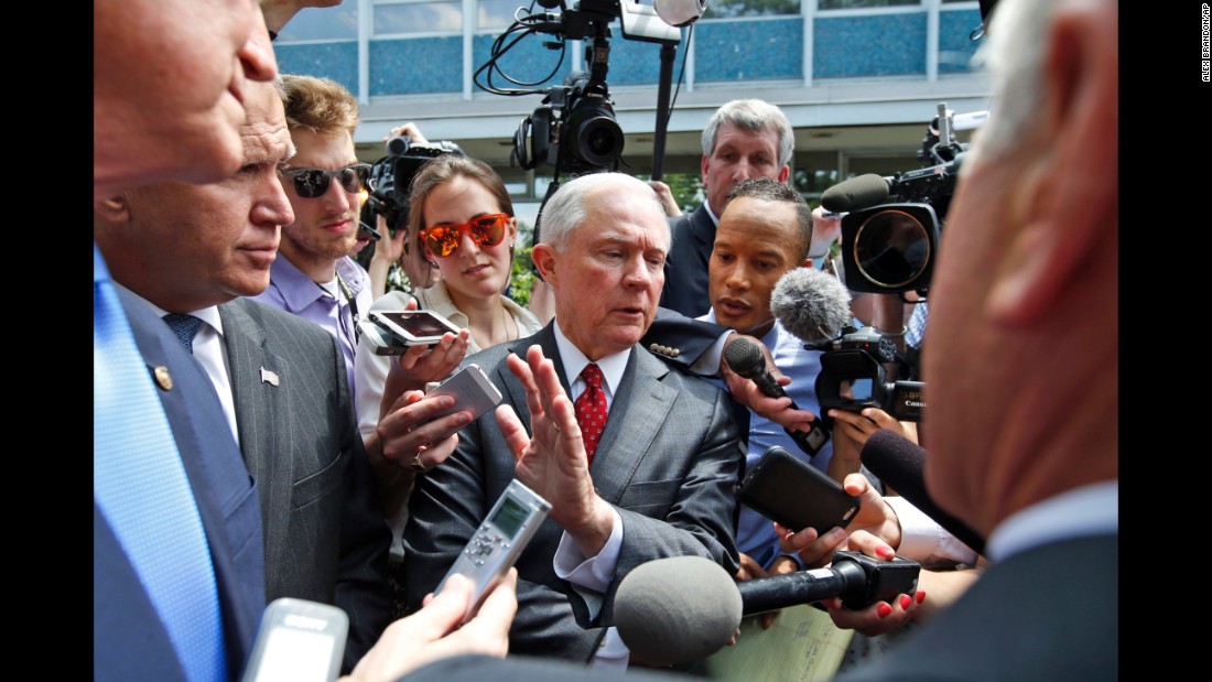 In July 2016, Sessions talks with reporters after a meeting with then-presidential candidate Trump and the Senate Republican Conference at the National Republican Senatorial Committee headquarters in Washington. Sessions was one of several Republicans being talked about as Trump&#39;s vice presidential running mate.