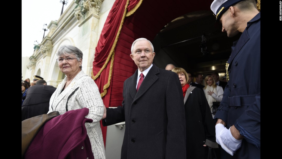 Sessions, then attorney general-designate, and his wife, Mary Blackshear Sessions, arrive for Trump&#39;s January 20, 2017, presidential inauguration.