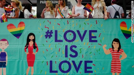 A &quot;Love is Love&quot; float makes its way through Berlin&#39;s streets during the parade. 