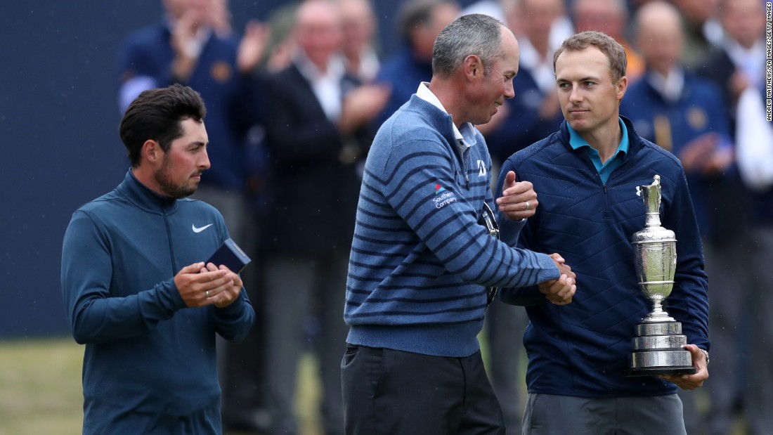 Spieth beat fellow American Matt Kuchar by three shots to win his third major title as England&#39;s Alfie Plant, left, finished as top amateur.