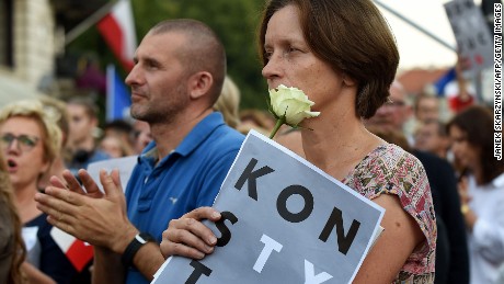 Thousands of protesters gathered in Warsaw on Sunday evening. 