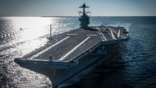 NEWPORT NEWS, VA - APRIL 8:  In this handout photo provided by the U.S. Navy, the future USS Gerald R. Ford (CVN 78) is seen underway on its own power for the first time on April 8, 2017 in Newport News, Virginia. The first-of-class ship -- the first new U.S. aircraft carrier design in 40 years -- will spend several days conducting builder's sea trials, a comprehensive test of many of the ship's key systems and technologies. (Photo by Mass Communication Specialist 2nd Class Ridge Leoni/U.S. Navy via Getty Images)