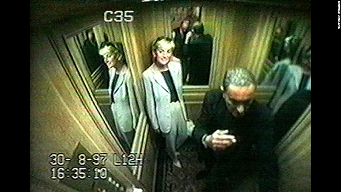 Diana is seen in a Ritz Hotel elevator with her boyfriend, Dodi Fayed. After leaving the hotel, the couple was killed in a high-speed car crash in the Pont de l&#39;Alma tunnel in Paris.