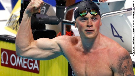 Peaty celebrates winning the men&#39;s 50m breaststroke gold medal.