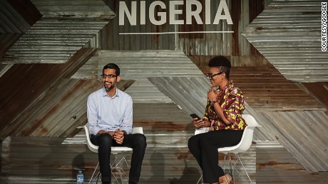 Google CEO Sundar Pichai at Google for Nigeria event in Lagos Thursday. He announced Google&#39;s commitment to train 10 million people over the next five years in Africa. Photo/ Courtesy of Google Africa Blog. 
