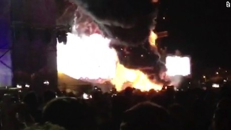 Flames engulf an outdoor stage at the Tomorrowland festival in Barcelona on Saturday night.  